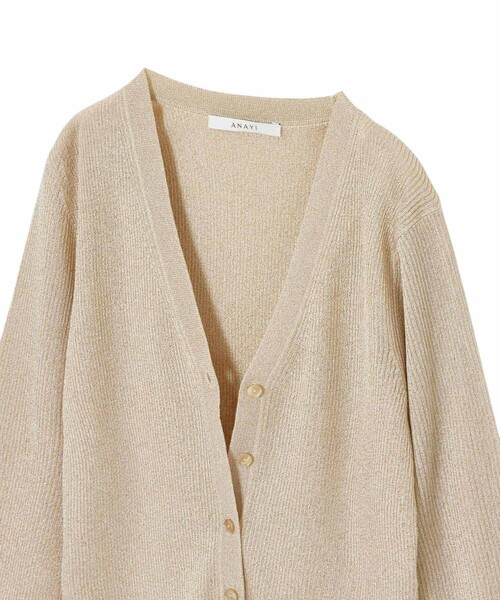 ANAYI アイボリー リブ編みカーディガン ANAYI（アナイ） カーディガン ラメリブVネック カーディガン