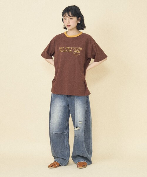 tシャツ コットンリンガーロゴＴシャツ レディース セール】 リンガーロゴプリントTシャツ（オフホワイト/キナリ