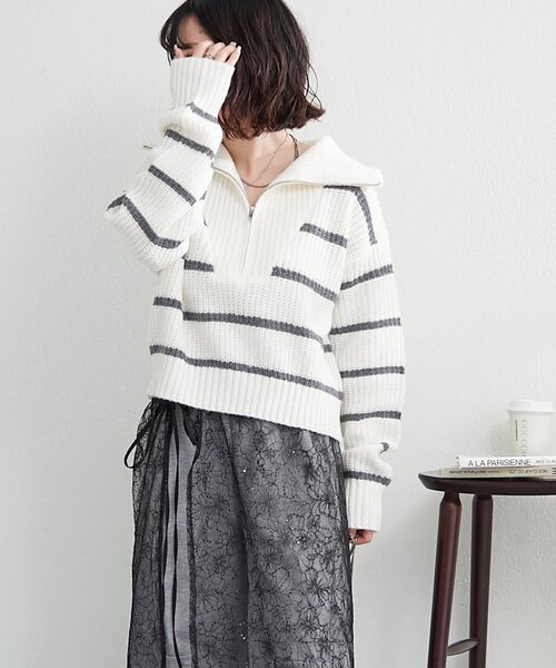 continuer de NICE CLAUP ニット セーター ハーフZIPボーダーニット