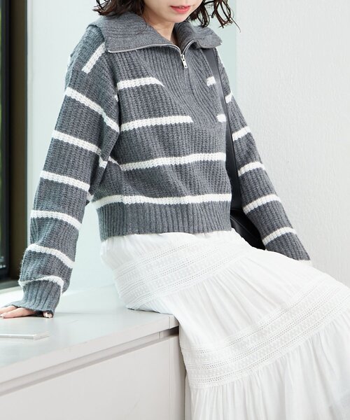 continuer de NICE CLAUP ニット セーター ハーフZIPボーダーニット