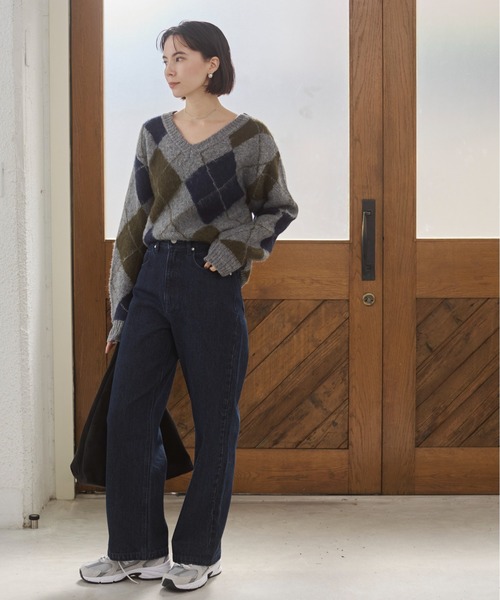 英国製 JAEGER アーガイル Vネックニットセーター ファッション 40(XL