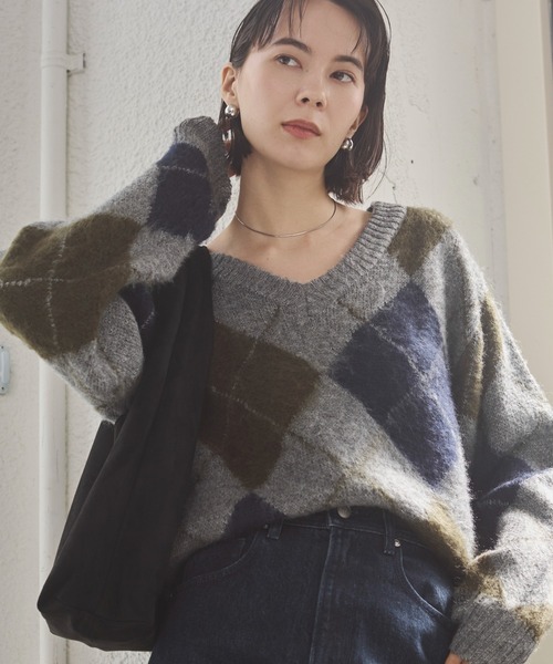 ANGIE ニット セーター アーガイルVネックニット レディース
