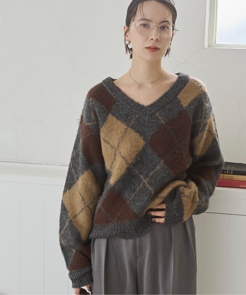 ANGIE ニット セーター アーガイルVネックニット レディース