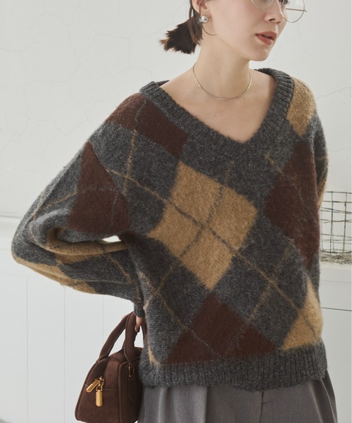ANGIE ニット セーター アーガイルVネックニット レディース