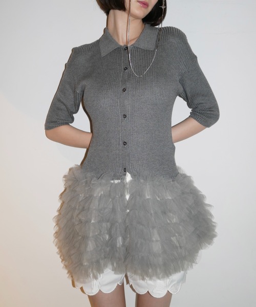 HONEY MI HONEY チュールペプラムカーディガン HONEY MI HONEY（ハニーミーハニー） カーディガン 半袖 tulle peplum