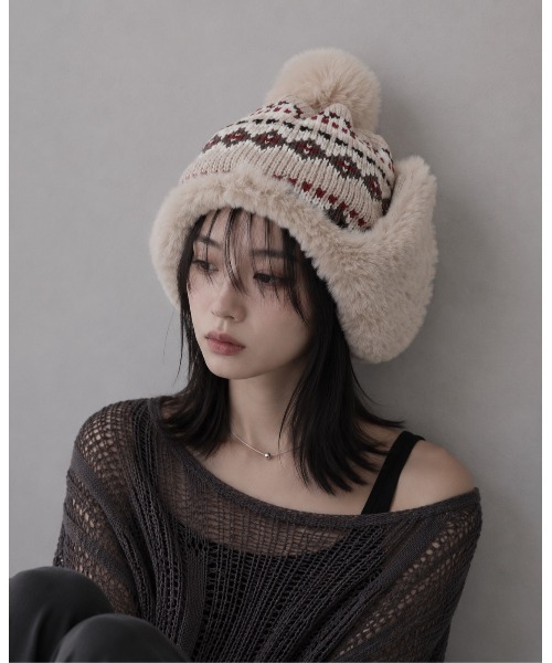 ニット帽 ニットキャップ 「HIKA」イヤーフラップ付きジャガードCAP