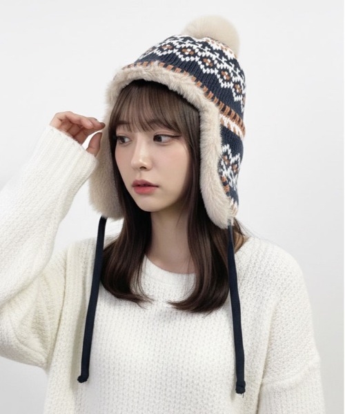 ニット帽 ニットキャップ 「HIKA」イヤーフラップ付きジャガードCAP