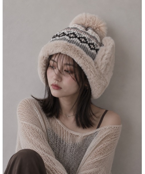 ニット帽 ニットキャップ 「HIKA」イヤーフラップ付きジャガードCAP
