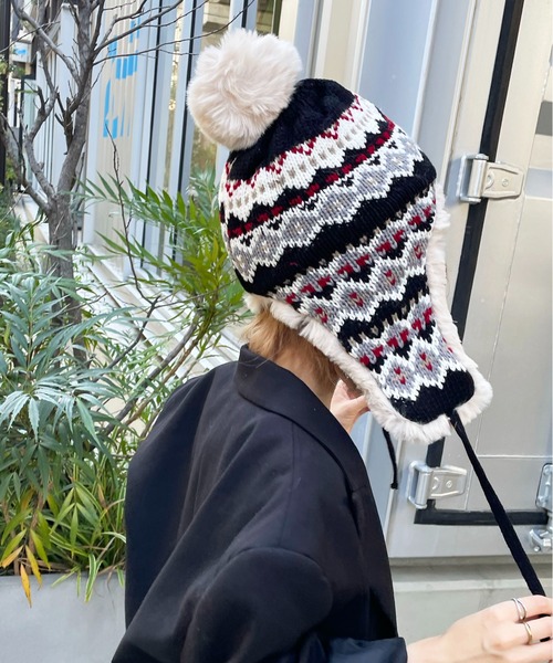ニット帽 ニットキャップ 「HIKA」イヤーフラップ付きジャガードCAP