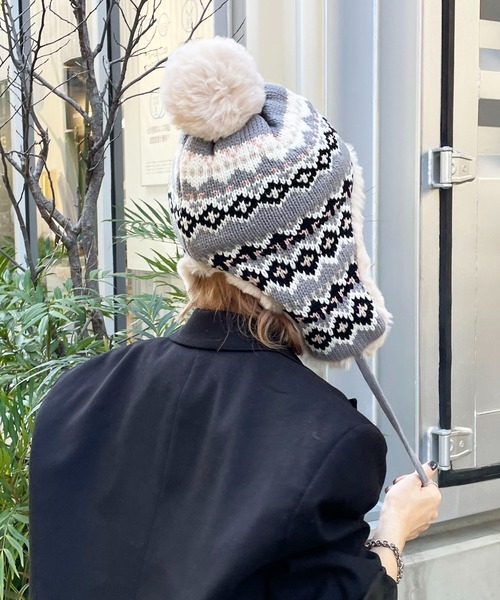 ニット帽 ニットキャップ 「HIKA」イヤーフラップ付きジャガードCAP