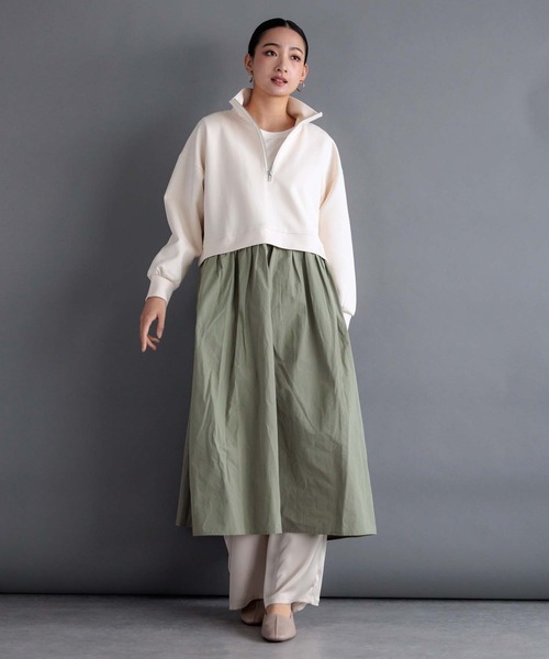 Anside ワンピース ダンボールニット×タフタフロントジップワンピース 