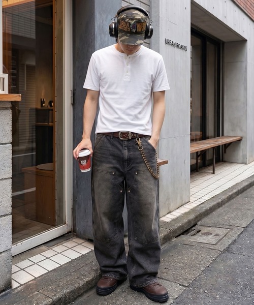 SPINNS（スピンズ） ワイドパンツ ジーンズ フェード加工ダブルニー