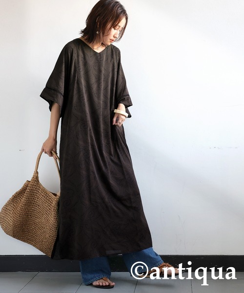 ペイズリー柄　マキシ丈ワンピース ベージュ 未使用 antiqua ワンピース ペイズリーシアーワンピース : ZOZOTOWN