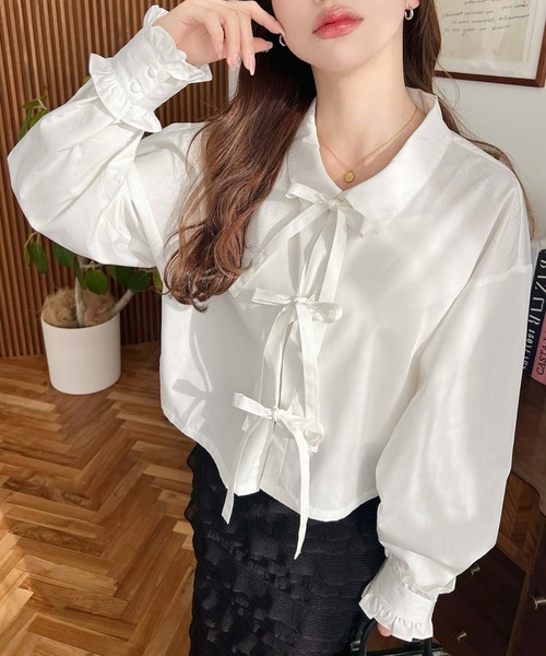 yori shirocon リボンカフスシャツ　36フリルシャツ　ドゥロワー yori shirocon リボンカフスシャツ 36フリルシャツ ドゥロワー 【公式
