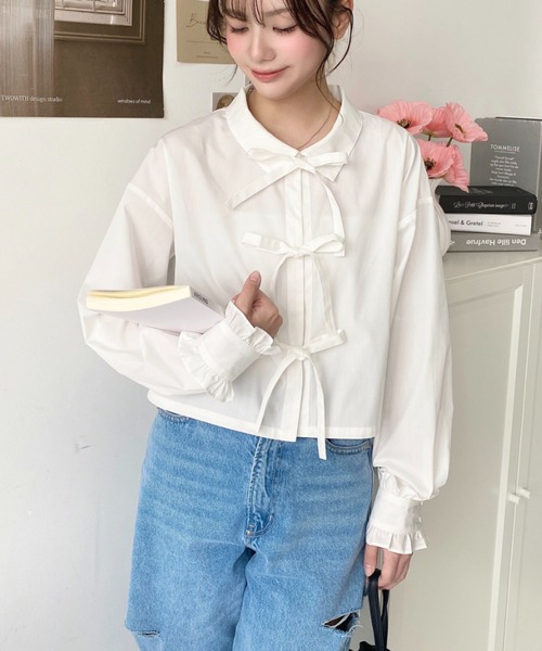 シャツ/ブラウス(長袖/七分) ENOF ribbon denim shirt White ENOF（イナフ）の「denim shirt（シャツ/ブラウス）」 - WEAR