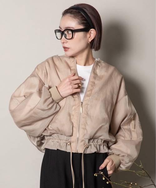 【未使用近】定価¥16,500 光沢感◎ゴールドジップ袖リブシアーブルゾン ブルゾン アウター シャイニー シアージップブルソン レディース