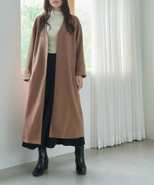 「ECRIRE」 ノーカラーコート M ベージュ レディース_画像2