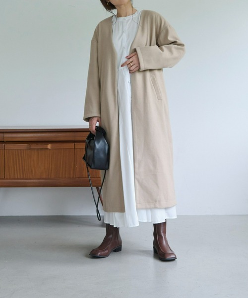 「ECRIRE」 ノーカラーコート M ベージュ レディース_画像9