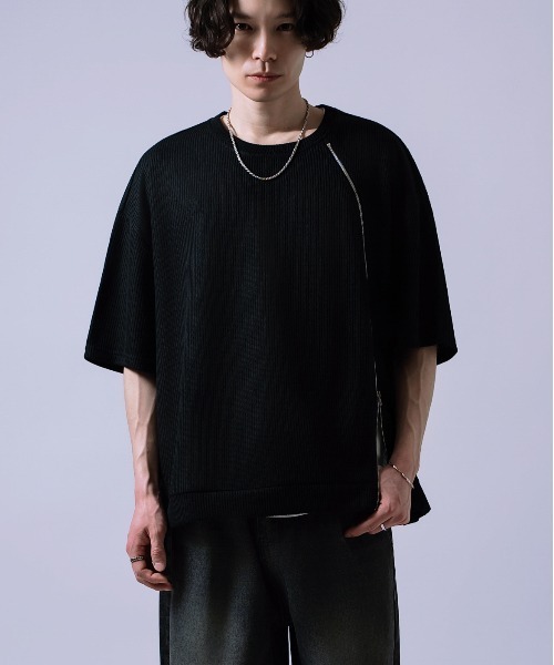 tシャツ フロントジッパー サマーニット 半袖Tシャツ メンズ