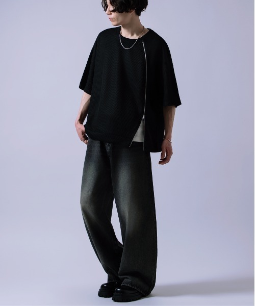 tシャツ フロントジッパー サマーニット 半袖Tシャツ メンズ