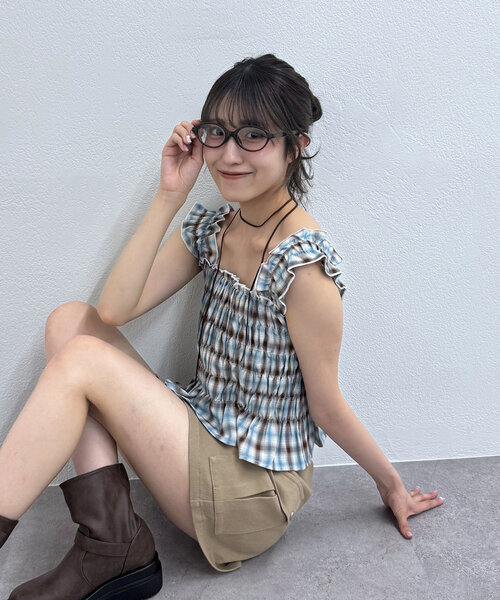 M-LINE ブラウス シャツ 「mline」シャーリングチェックブラウス