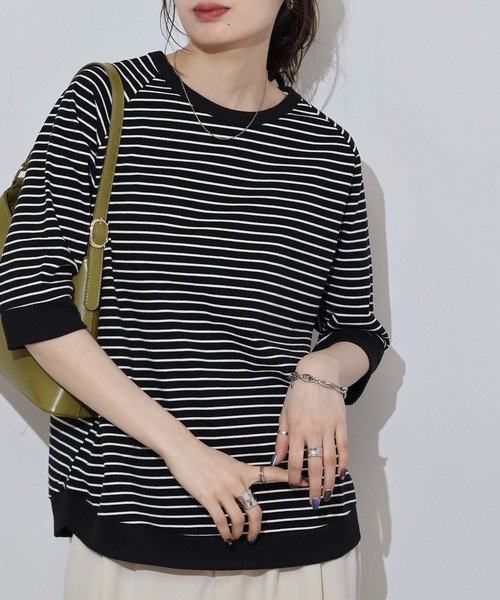 tシャツ ディマリアボーダー杢糸　リブ使いラグラン袖5分袖カットソー レディース ubasoku tシャツ ディマリアボーダー杢糸 リブ使いラグラン袖5分