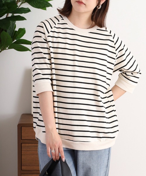 tシャツ ディマリアボーダー杢糸　リブ使いラグラン袖5分袖カットソー レディース