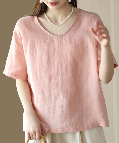BLANC FICELLE ブラウス シャツ 麻混 Vネック 5分袖シャツ レディース