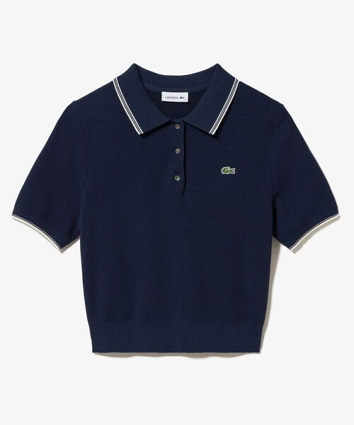未使用　LACOSTE 青 ポロシャツ 襟白ライン LACOSTE ポロシャツ ポロ 配色ライン コンパクトニット