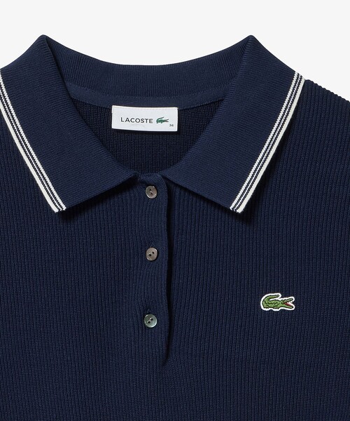 未使用　LACOSTE 青 ポロシャツ 襟白ライン LACOSTE ポロシャツ ポロ 配色ライン コンパクトニット