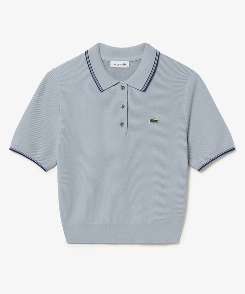 【LACOSTE】コンパクトニットポロシャツ 半袖 グレー 36サイズ LACOSTE（ラコステ） ポロシャツ ポロ 配色ライン コンパクトニット
