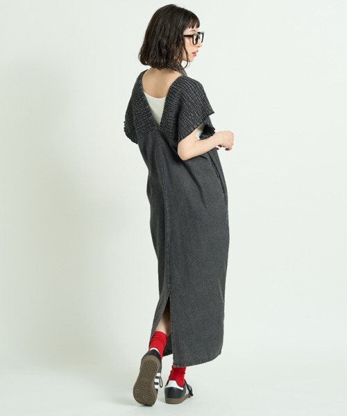A.D.C.L. ワンピース 半袖 シャーリング切替 ミディ丈 デニム