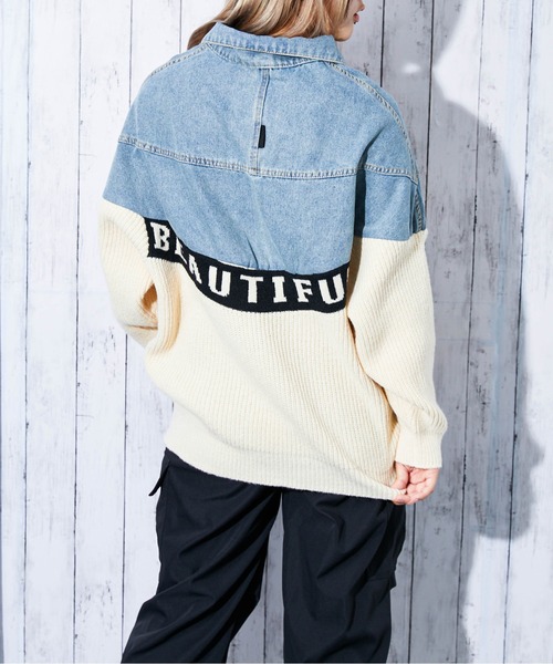デニムジャケット gジャン 「デニム&times;ニット切替」レディース Gジャン 配色ロゴ入り 異素材MIX 秋冬 レディース