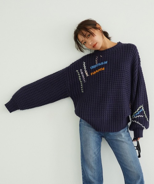 INDIGE NOUS DESIGNS ネイビー ハンドニット セーター 短丈 BAYFLOW（ベイフロー） ニット セーター 「知久友里恵さんコラボ