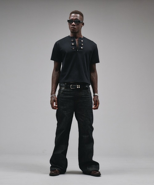 Asapmode ブラック ワイドパンツ ➕ANDER HUNKヘンリーネックM ANDER HUNK ヘンリーネック tシャツ Napoleon Henry neck Rib T-shirt