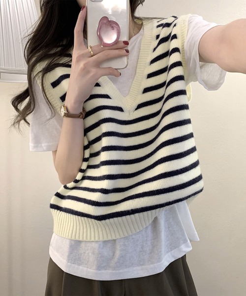ベスト ジレ シースルーボーダーニットベスト レディース lbjt11342.jpg