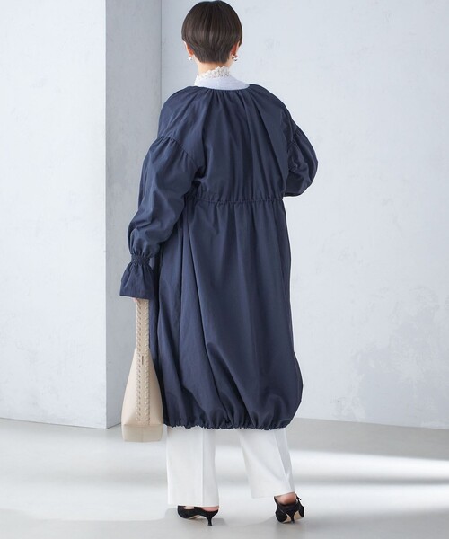 極美品 ROPE ナイロン ノーカラーコート ベルト ネイビー ロング ML セール】 〈撥水加工/手洗い可能〉裾 ドロスト ノーカラー ロング