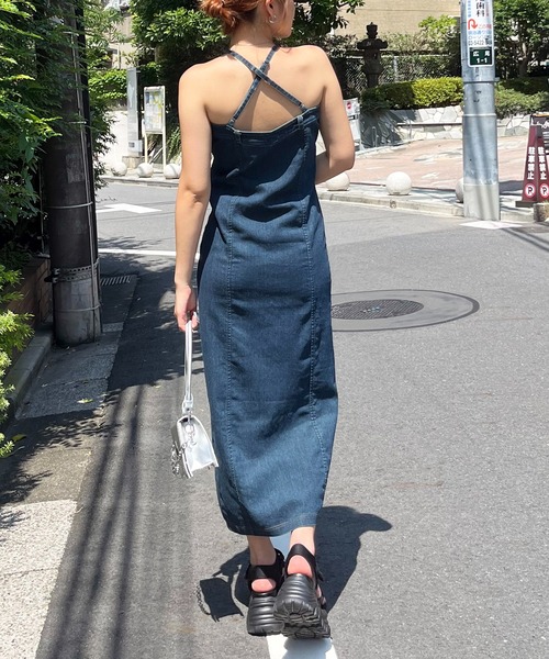 【  Jeans】キャミニットワンピース ハーフジップフレアデニムキャミワンピース[on237] | レディース