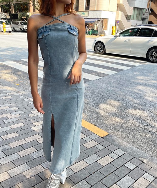 a　THIRD MAGAZINE ストレッチデニムワンピース 8OZムラ糸デニムワンピース×チェックドリズラー｜THIRD