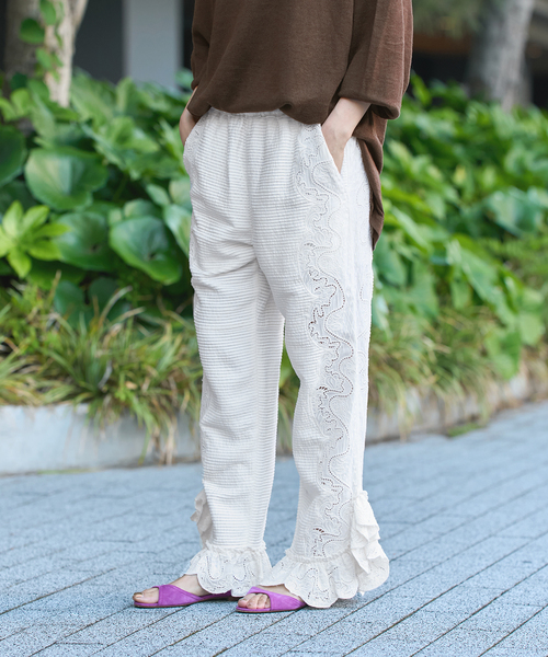 IENA LA BOUCLE スラックス パンツ ピンタックレースパンツ