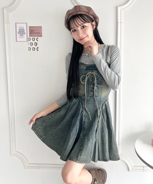 Loueme ワンピース レースアップフリンジデニムフレアワンピース  