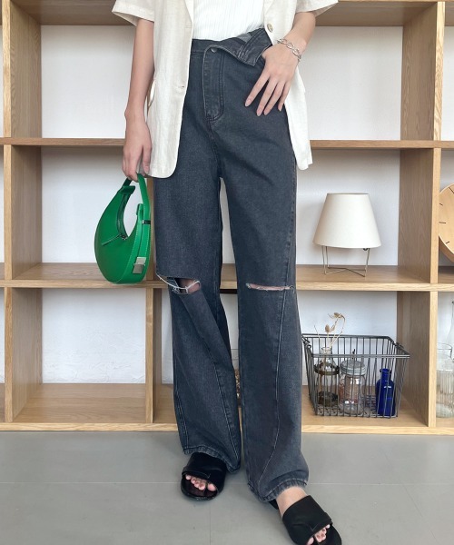 ワイドパンツ ジーンズ デニム デニムパンツ ウエスト折り返しダメージ 
