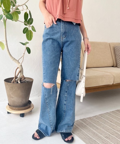 ワイドパンツ ジーンズ デニム デニムパンツ ウエスト折り返しダメージ 