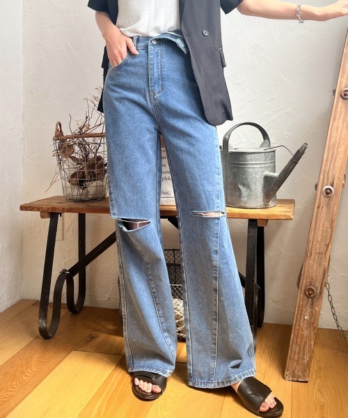 ワイドパンツ ジーンズ デニム デニムパンツ ウエスト折り返しダメージ 