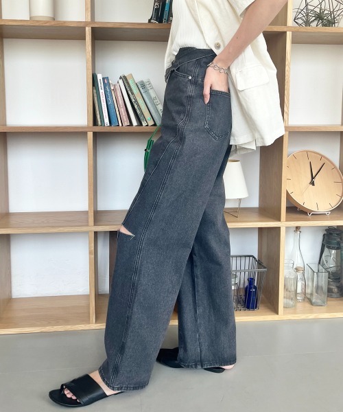 ワイドパンツ ジーンズ デニム デニムパンツ ウエスト折り返しダメージ 