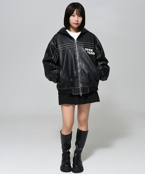 OY（オーワイ） コート ジャケット WASHED LEATHER EARS HOODED JACKET
