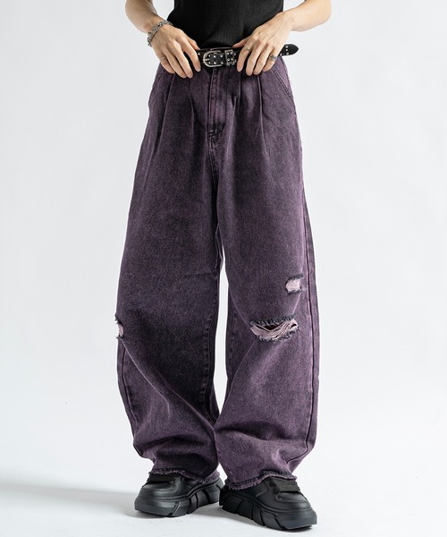 PLAN To ワイドパンツ ジーンズ Vintage Like Chemical Wash Damaged