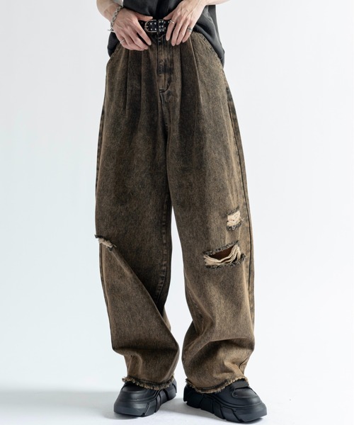 PLAN To ジーンズ Vintage Like Chemical Wash Damaged Color Denim