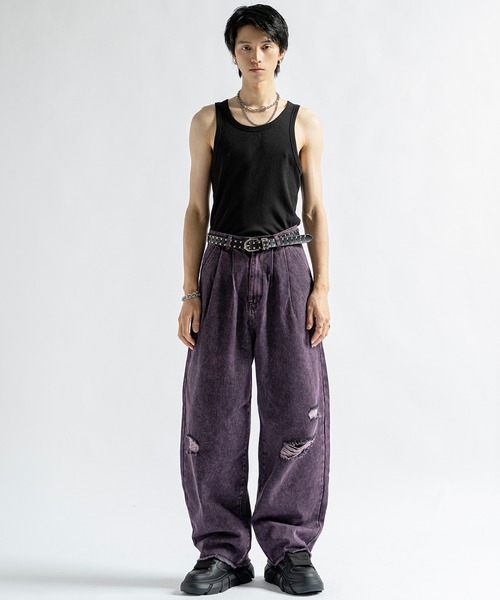 PLAN To ワイドパンツ ジーンズ Vintage Like Chemical Wash Damaged