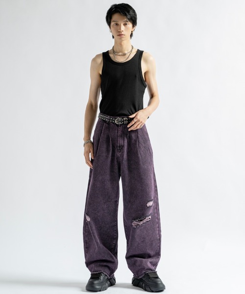PLAN To ヴィンテージライクケミカルウォッシュダメージカラーデニム S Vintage Like Chemical Wash Damaged Color Denim